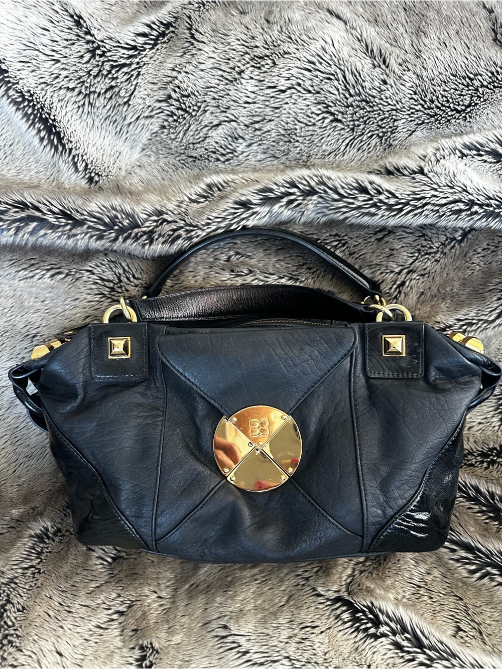 BCBG Max Azria Black Leather Satchel with Gold Hardware